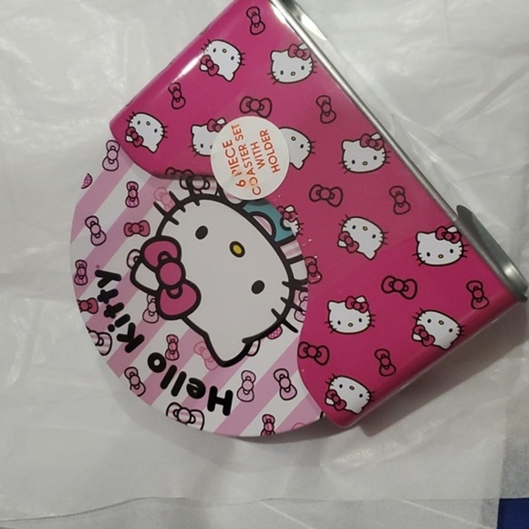 Hello Kitty pink white hello kitty monogrammed logo 6pc tin coaster set & holder - Picture 2 of 10